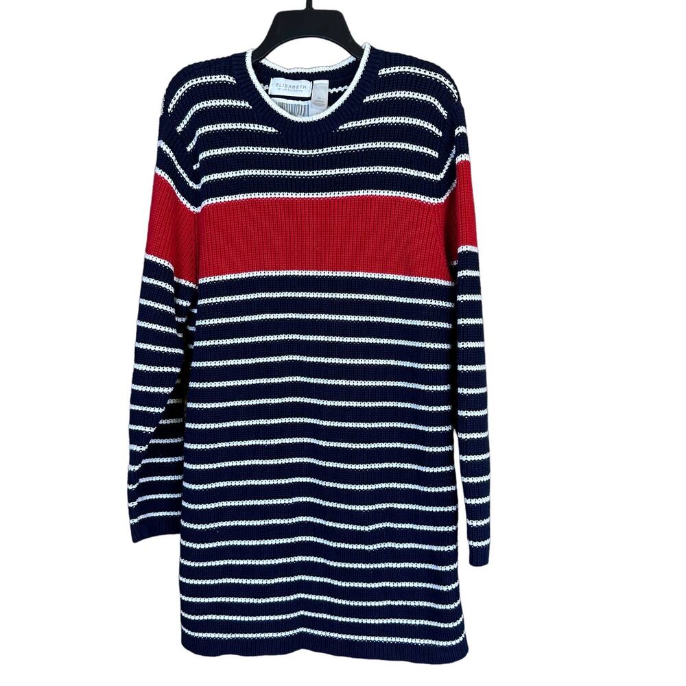 Elisabeth by Liz Claiborne White/Red/Navy Blue Striped Long Tunic Sweater 2XL‎